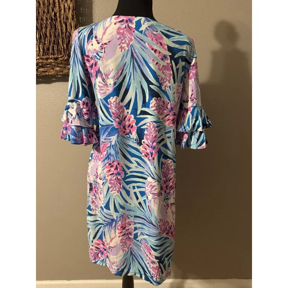 Lilly Pulitzer Dress M Blue Pink White Stretch Shift Short Ruffle Sleeve - Picture 6 of 13
